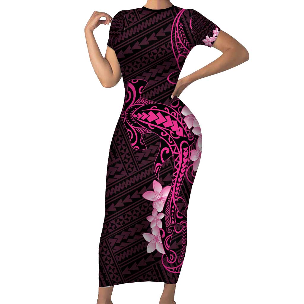 Pink Hawaii Family Matching Short Sleeve Bodycon Dress and Hawaiian Shirt Hammerhead Shark Tattoo Curve Polynesian - Polynesian Pride