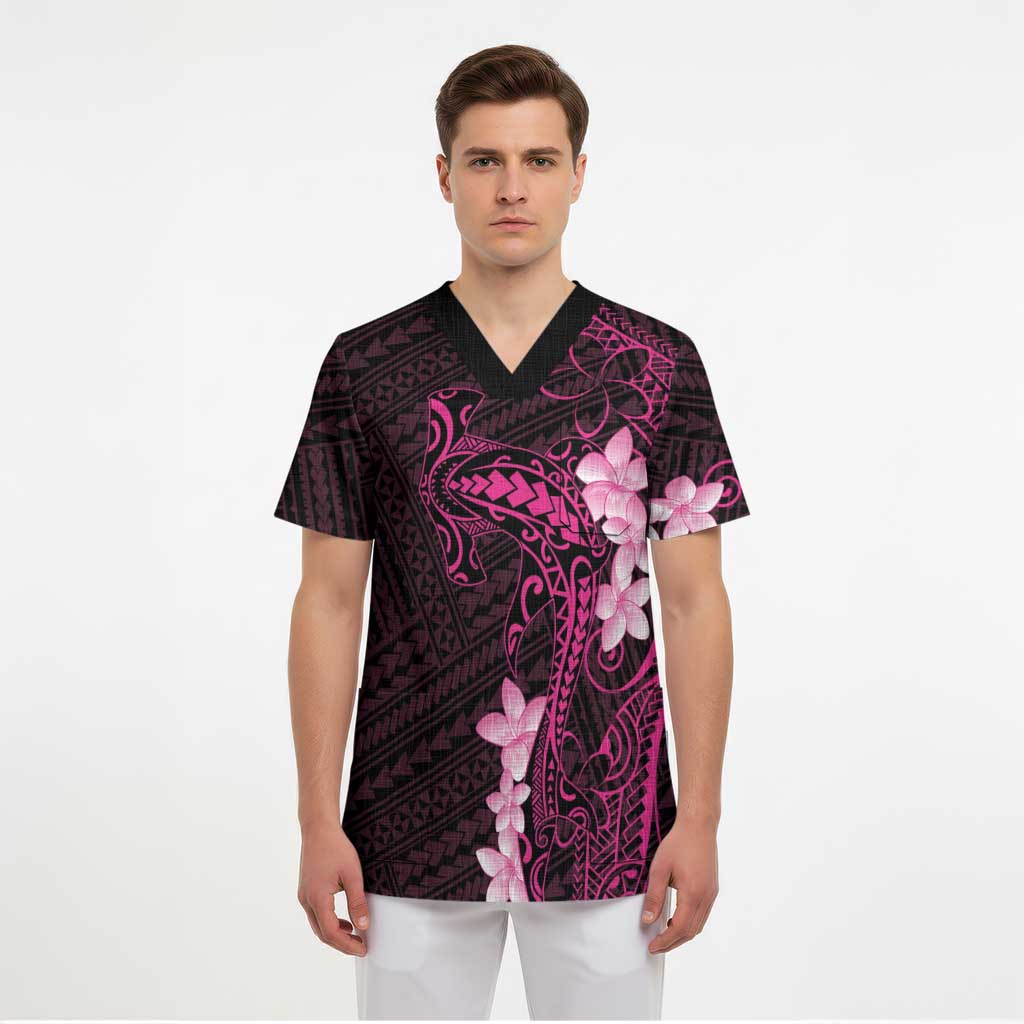 Pink Hawaii Scrub Top Hammerhead Shark Tattoo Curve Polynesian - Polynesian Pride