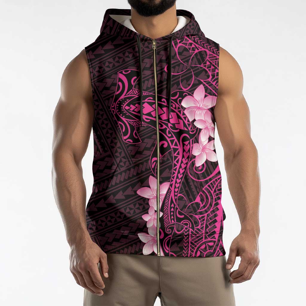 Pink Hawaii Sleeveless Zip Hoodie Hammerhead Shark Tattoo Curve Polynesian - Polynesian Pride