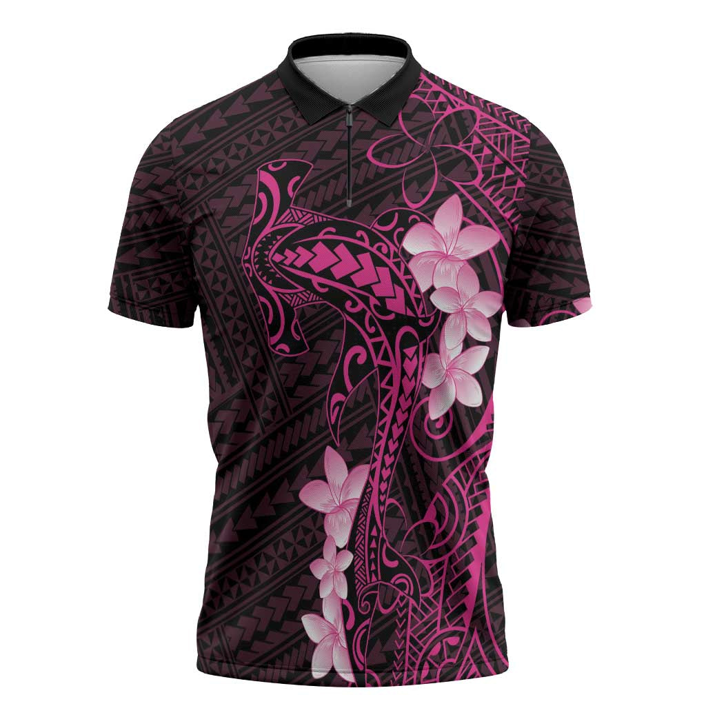 Pink Hawaii Zipper Polo Shirt Hammerhead Shark Tattoo Curve Polynesian - Polynesian Pride