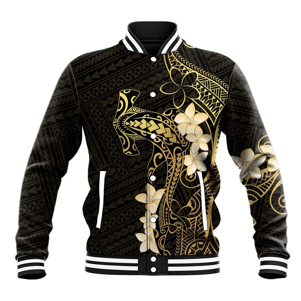 Black and Gold Hawaii Baseball Jacket Hammerhead Shark Tattoo Curve Polynesian - Polynesian Pride