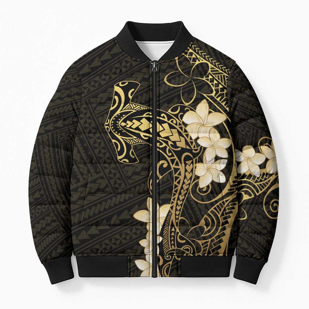 Black and Gold Hawaii Bomber Puffer Jacket Hammerhead Shark Tattoo Curve Polynesian - Polynesian Pride
