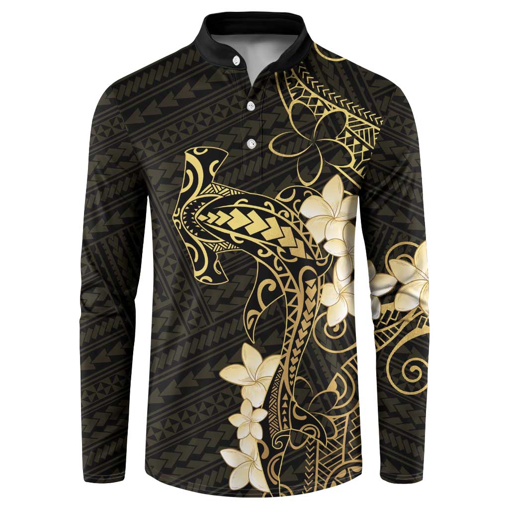 Black and Gold Hawaii Button Sweatshirt Hammerhead Shark Tattoo Curve Polynesian - Polynesian Pride