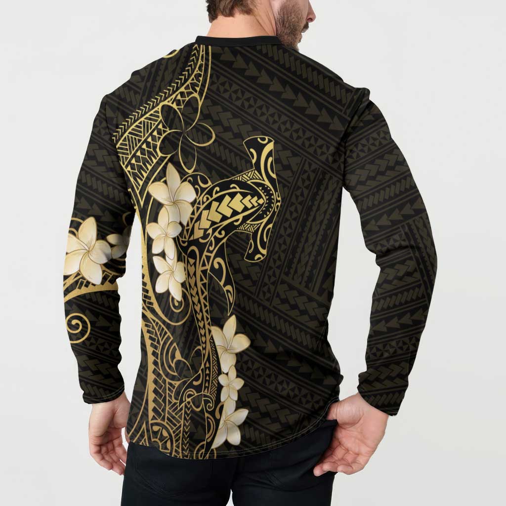 Black and Gold Hawaii Button Sweatshirt Hammerhead Shark Tattoo Curve Polynesian - Polynesian Pride