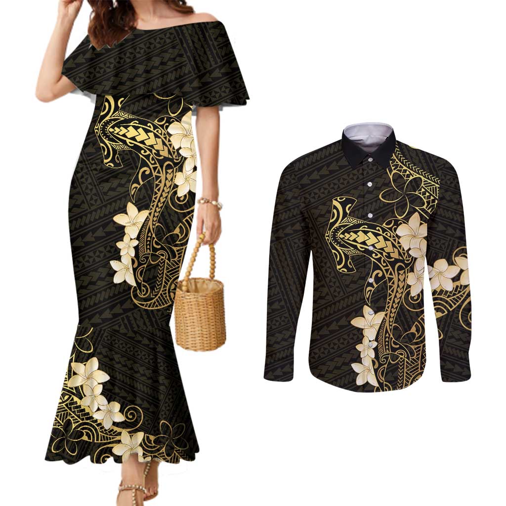 Black and Gold Hawaii Couples Matching Mermaid Dress and Long Sleeve Button Shirt Hammerhead Shark Tattoo Curve Polynesian - Polynesian Pride
