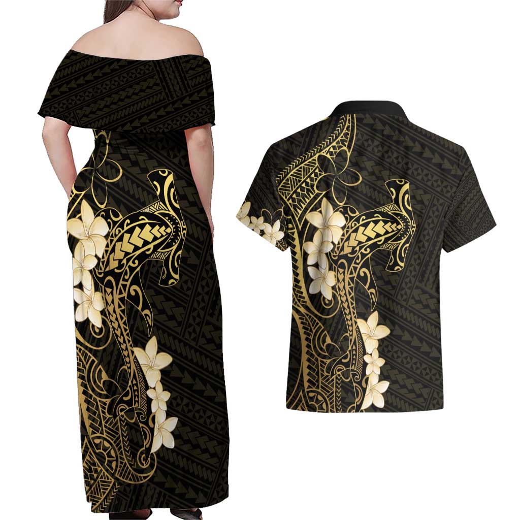 Black and Gold Hawaii Couples Matching Off Shoulder Maxi Dress and Hawaiian Shirt Hammerhead Shark Tattoo Curve Polynesian - Polynesian Pride