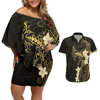 Black and Gold Hawaii Couples Matching Off Shoulder Short Dress and Hawaiian Shirt Hammerhead Shark Tattoo Curve Polynesian - Polynesian Pride