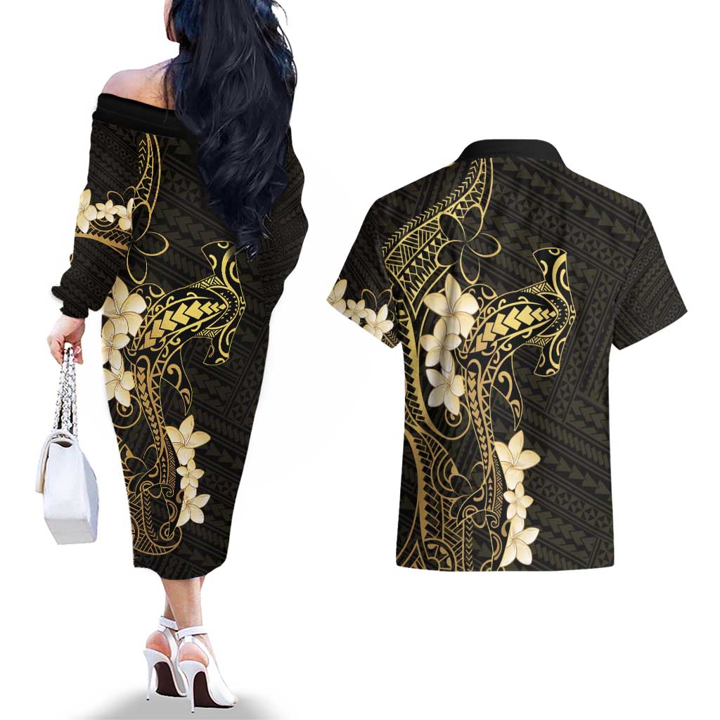 Black and Gold Hawaii Couples Matching Off The Shoulder Long Sleeve Dress and Hawaiian Shirt Hammerhead Shark Tattoo Curve Polynesian - Polynesian Pride
