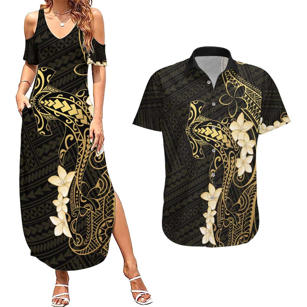 Black and Gold Hawaii Couples Matching Summer Maxi Dress and Hawaiian Shirt Hammerhead Shark Tattoo Curve Polynesian - Polynesian Pride