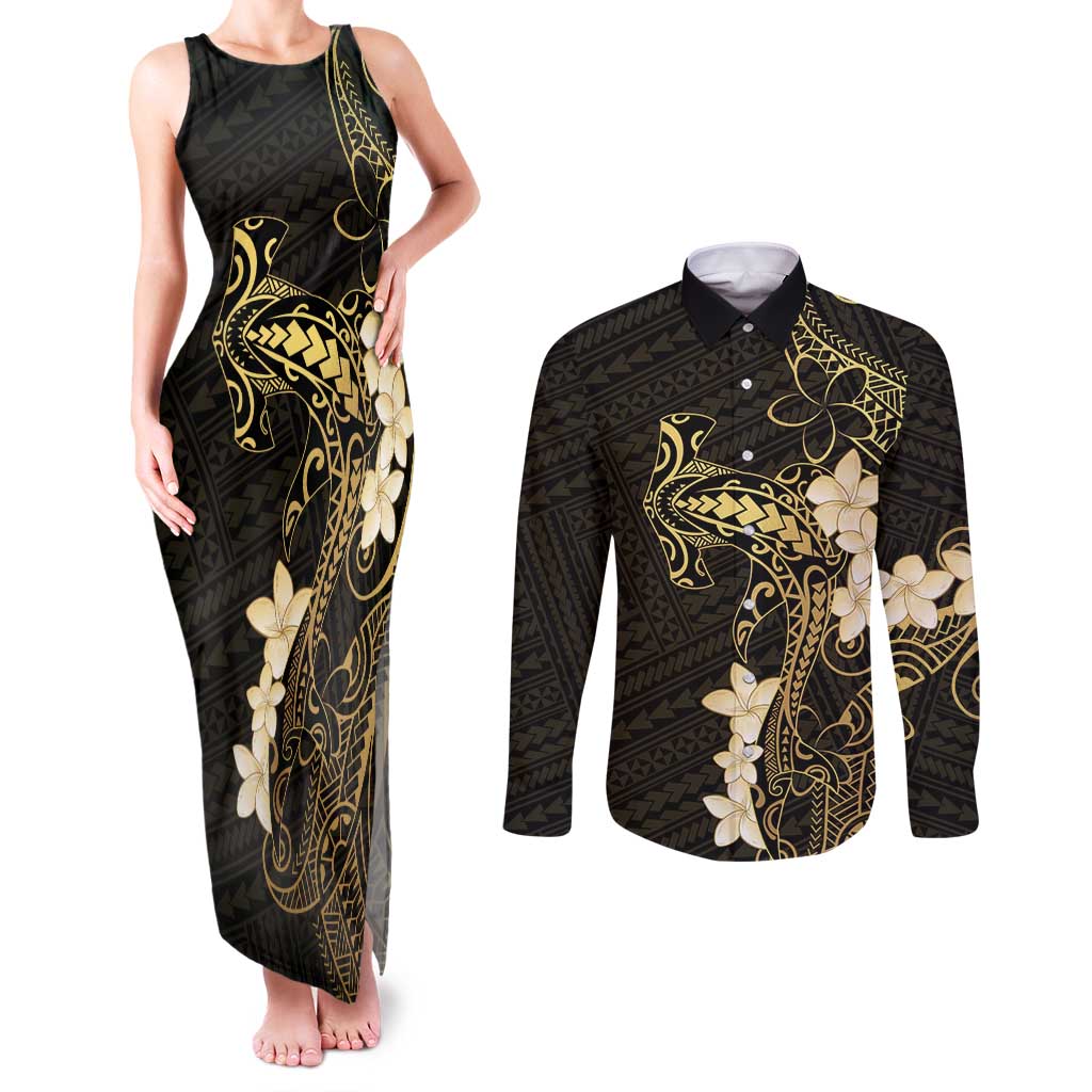 Black and Gold Hawaii Couples Matching Tank Maxi Dress and Long Sleeve Button Shirt Hammerhead Shark Tattoo Curve Polynesian - Polynesian Pride