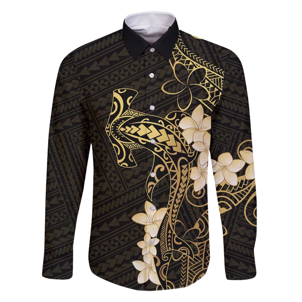 Black and Gold Hawaii Family Matching Long Sleeve Bodycon Dress and Hawaiian Shirt Hammerhead Shark Tattoo Curve Polynesian - Polynesian Pride