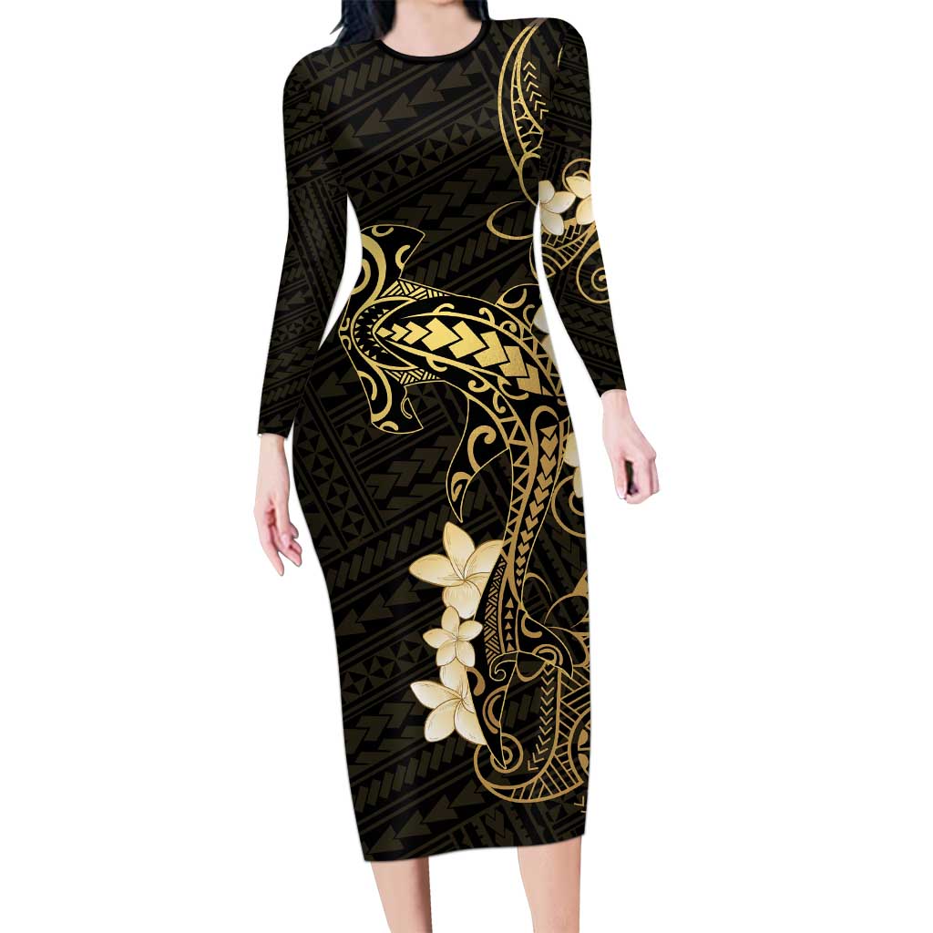 Black and Gold Hawaii Family Matching Long Sleeve Bodycon Dress and Hawaiian Shirt Hammerhead Shark Tattoo Curve Polynesian - Polynesian Pride
