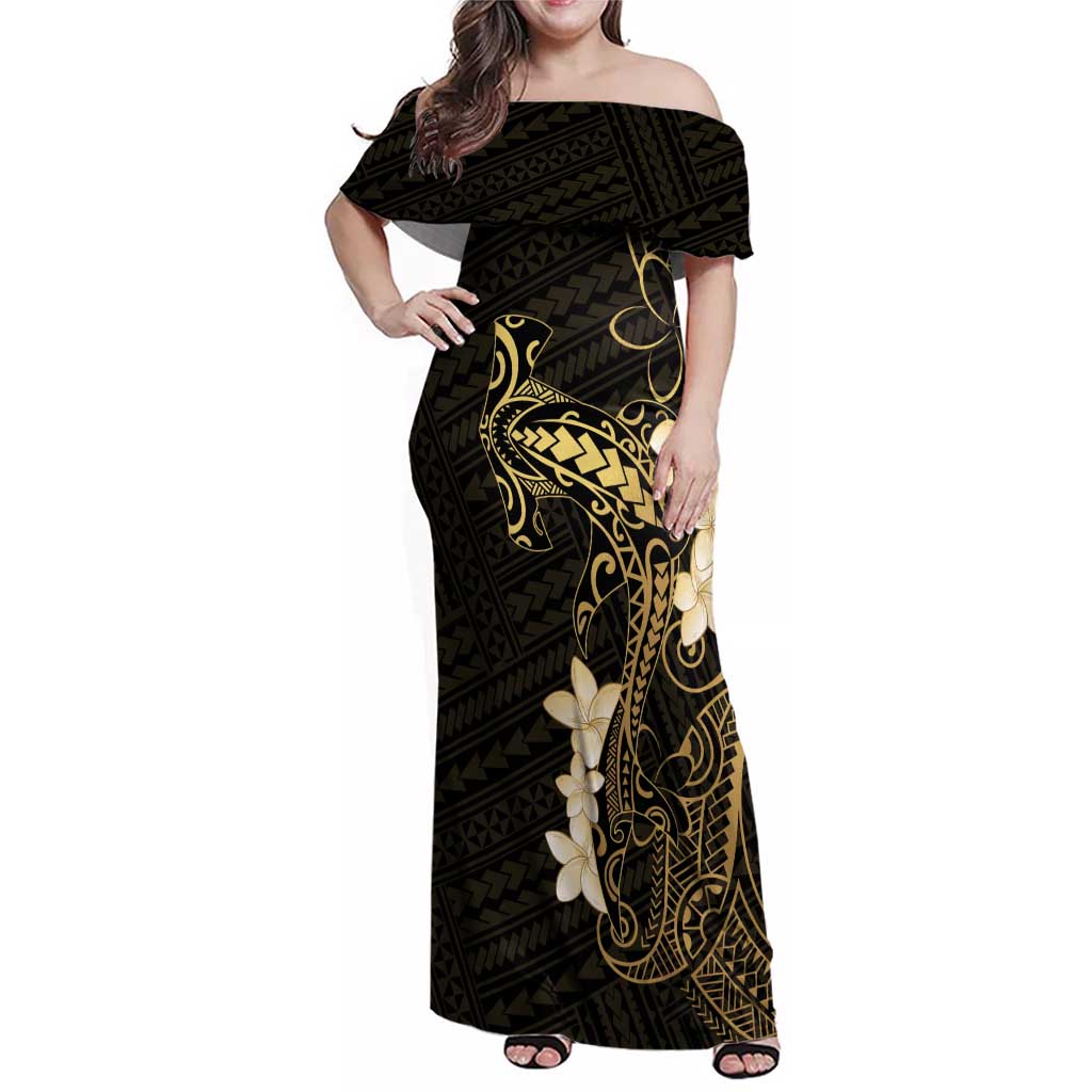 Black and Gold Hawaii Family Matching Off Shoulder Maxi Dress and Hawaiian Shirt Hammerhead Shark Tattoo Curve Polynesian - Polynesian Pride