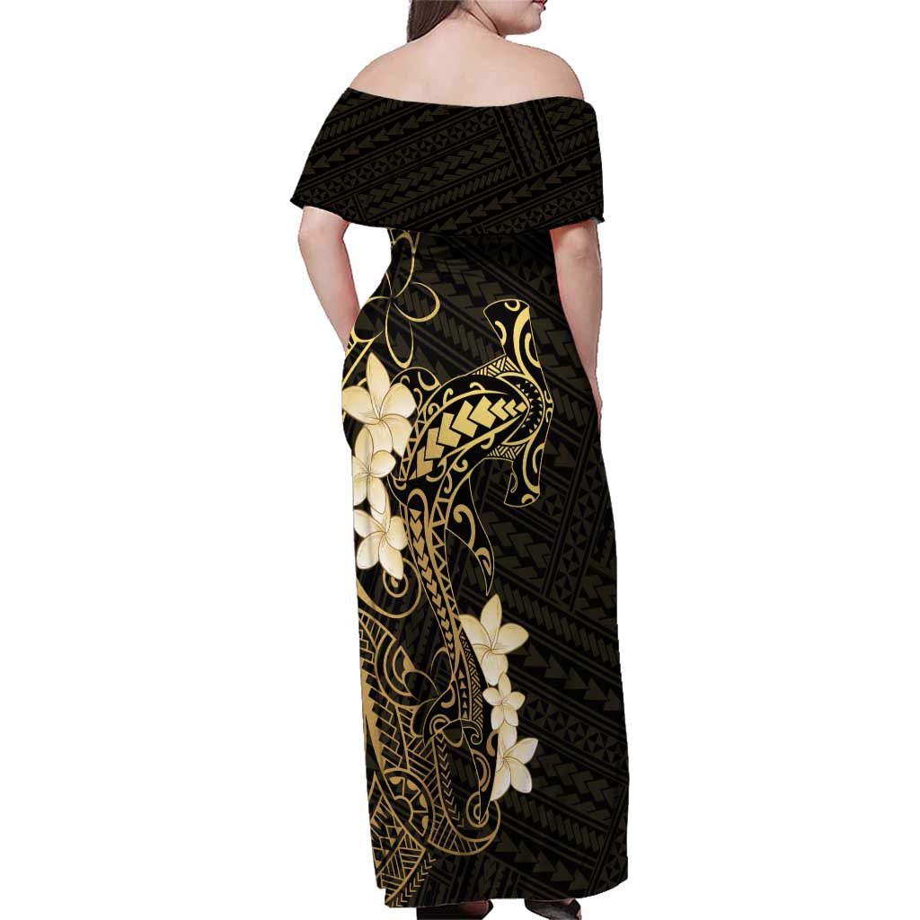 Black and Gold Hawaii Family Matching Off Shoulder Maxi Dress and Hawaiian Shirt Hammerhead Shark Tattoo Curve Polynesian - Polynesian Pride