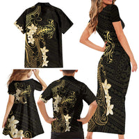 Black and Gold Hawaii Family Matching Short Sleeve Bodycon Dress and Hawaiian Shirt Hammerhead Shark Tattoo Curve Polynesian - Polynesian Pride