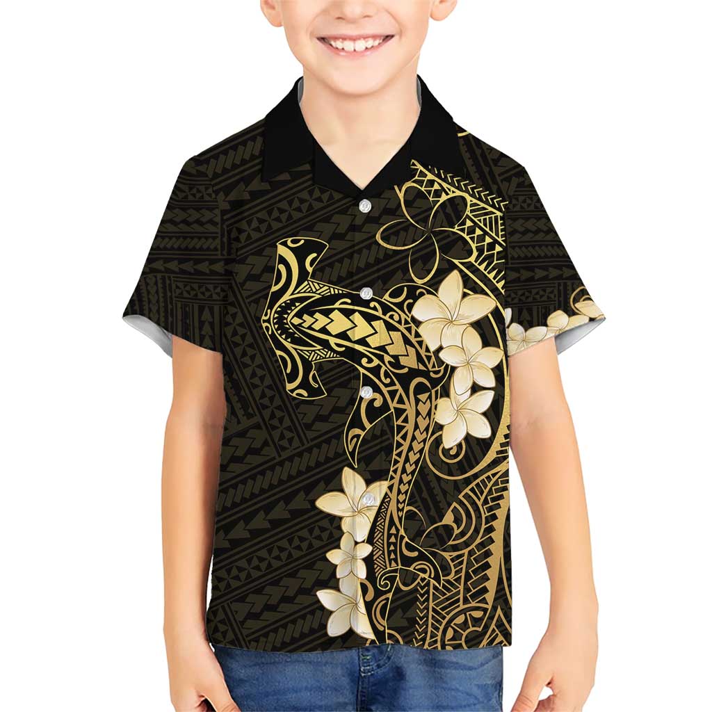 Black and Gold Hawaii Family Matching Short Sleeve Bodycon Dress and Hawaiian Shirt Hammerhead Shark Tattoo Curve Polynesian - Polynesian Pride