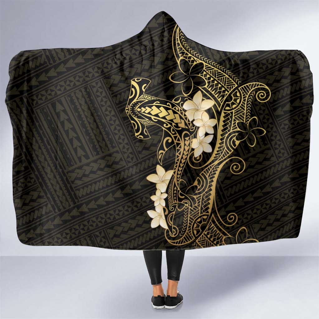 Black and Gold Hawaii Hooded Blanket Hammerhead Shark Tattoo Curve Polynesian - Polynesian Pride
