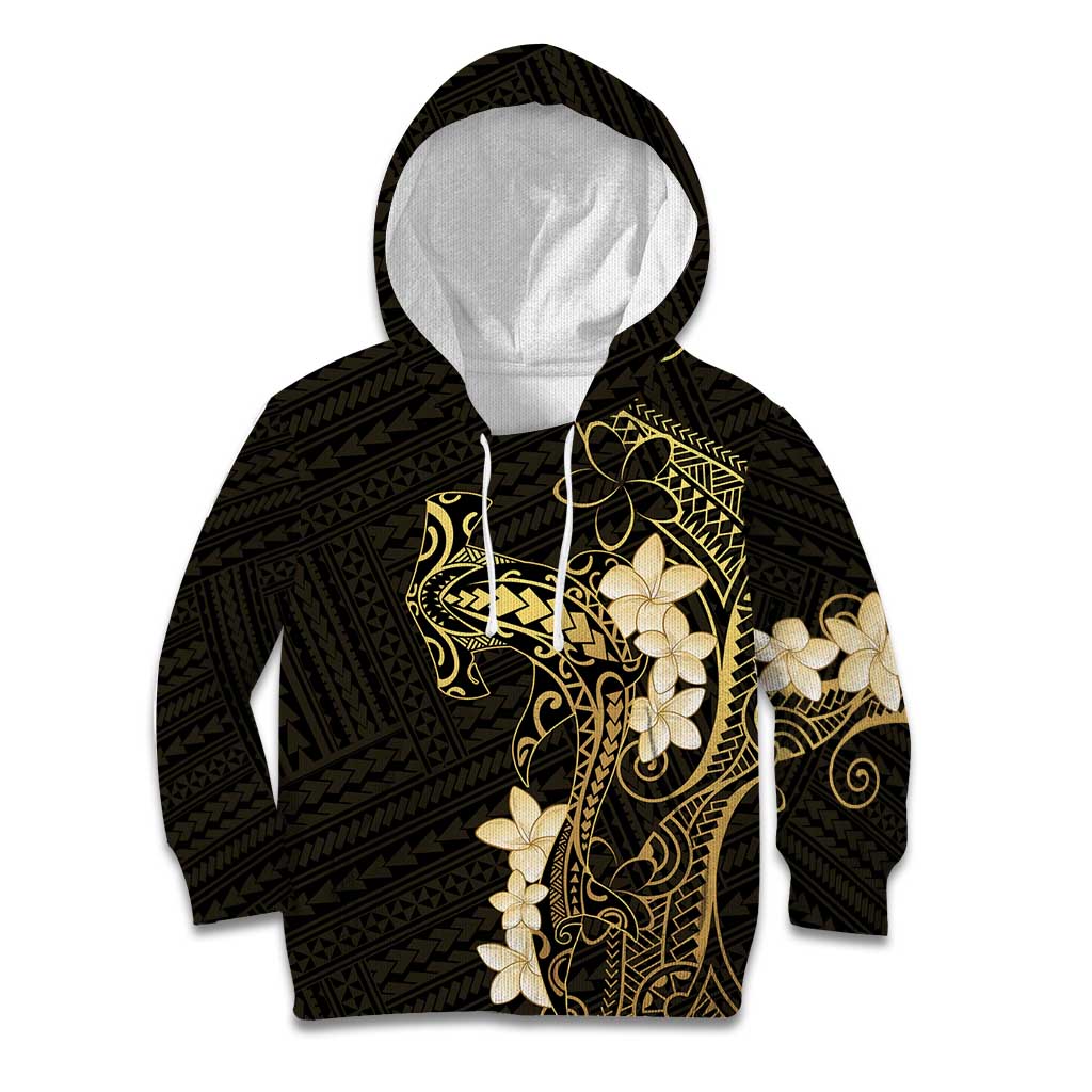 Black and Gold Hawaii Kid Hoodie Hammerhead Shark Tattoo Curve Polynesian - Polynesian Pride