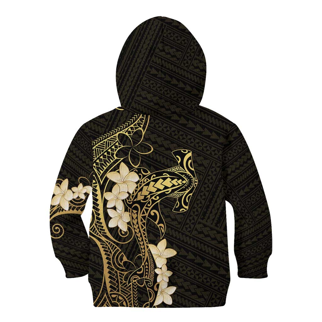 Black and Gold Hawaii Kid Hoodie Hammerhead Shark Tattoo Curve Polynesian - Polynesian Pride