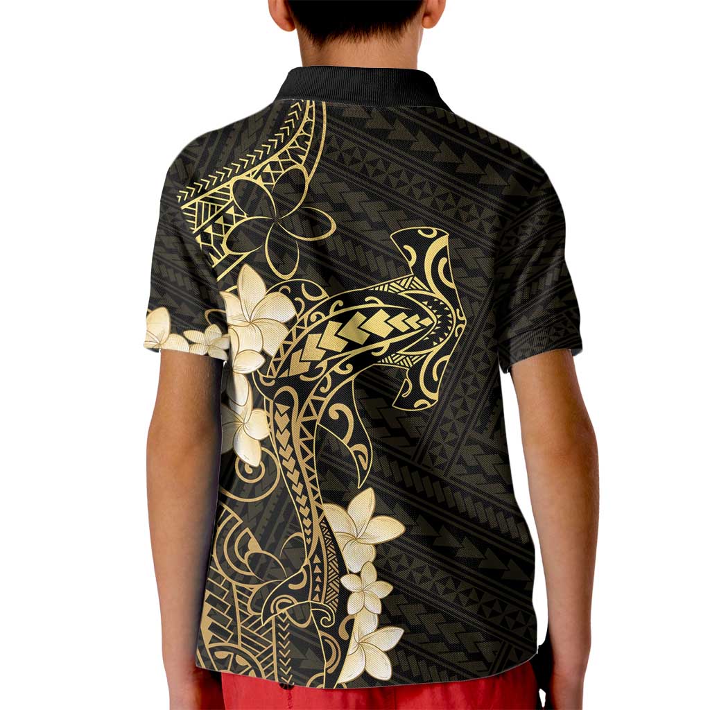 Black and Gold Hawaii Kid Polo Shirt Hammerhead Shark Tattoo Curve Polynesian - Polynesian Pride