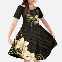 Black and Gold Hawaii Kid Short Sleeve Dress Hammerhead Shark Tattoo Curve Polynesian - Polynesian Pride