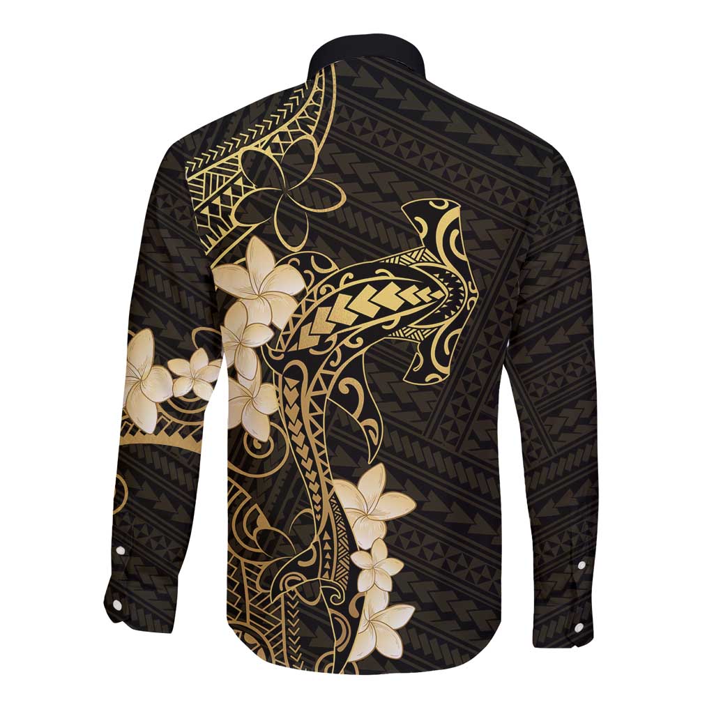 Black and Gold Hawaii Long Sleeve Button Shirt Hammerhead Shark Tattoo Curve Polynesian - Polynesian Pride