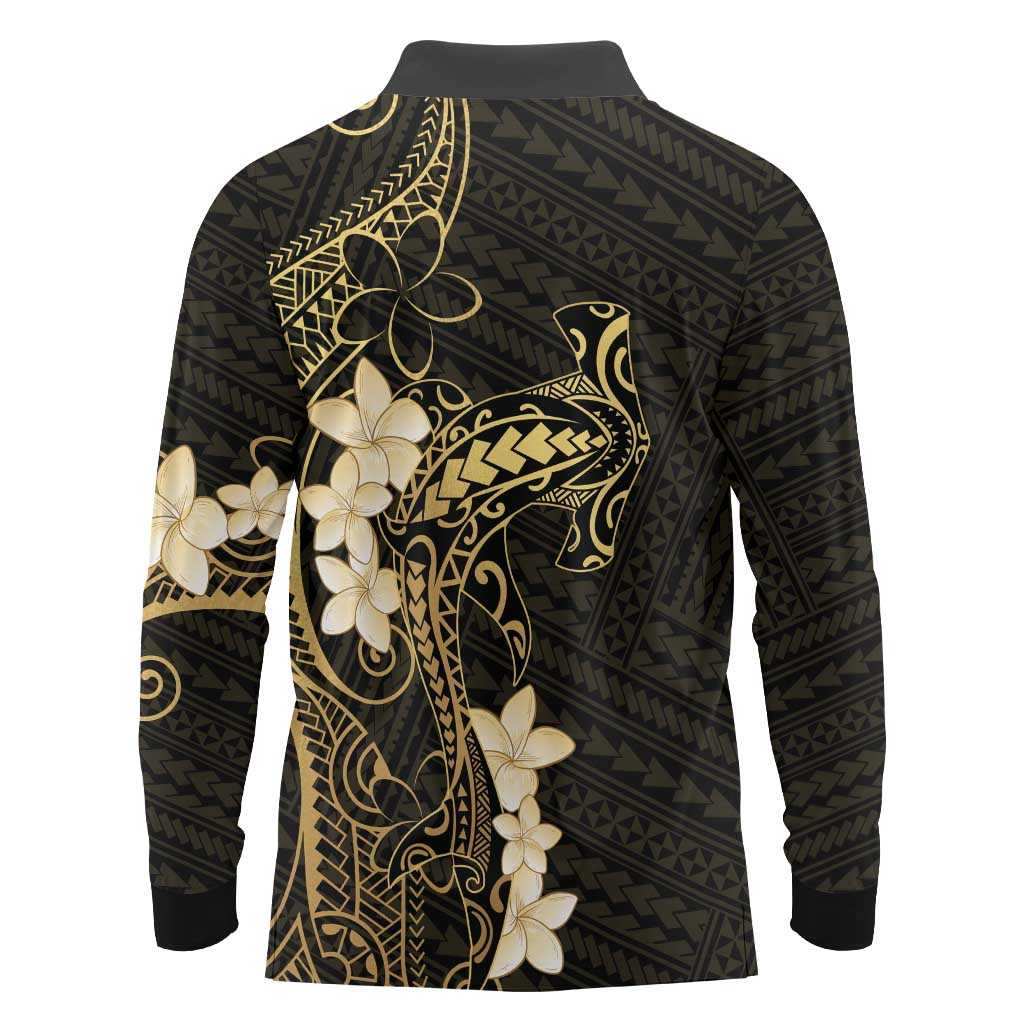 Black and Gold Hawaii Long Sleeve Polo Shirt Hammerhead Shark Tattoo Curve Polynesian - Polynesian Pride