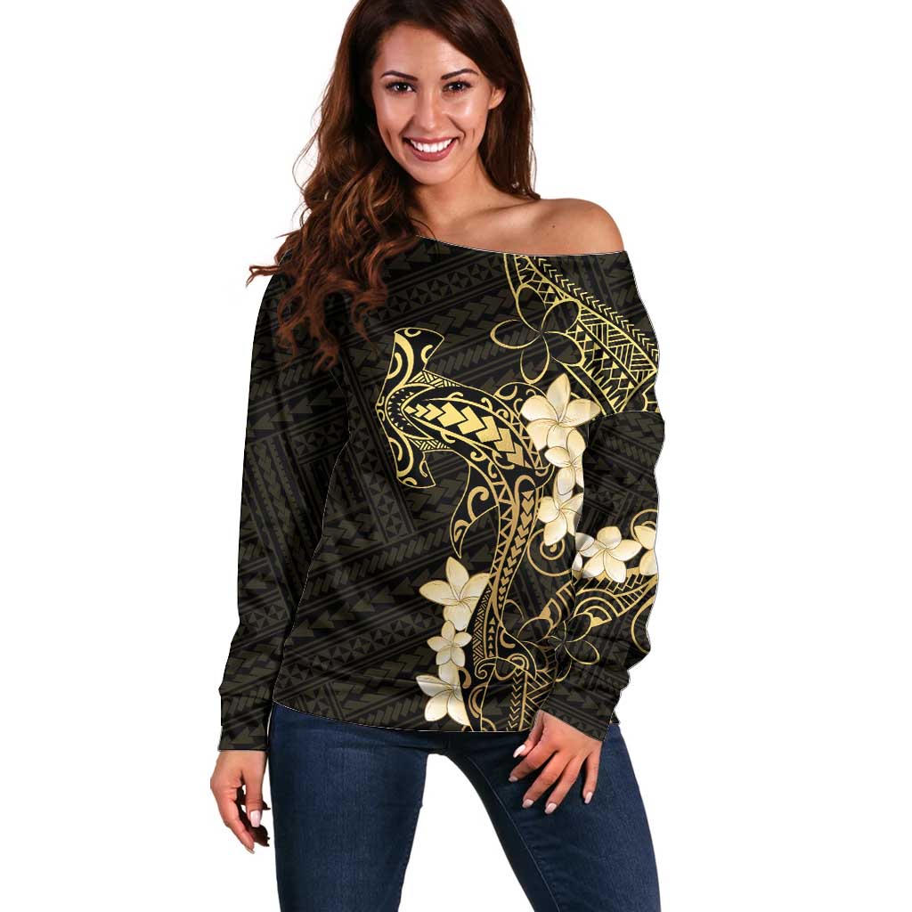 Black and Gold Hawaii Off Shoulder Sweater Hammerhead Shark Tattoo Curve Polynesian - Polynesian Pride