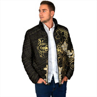Black and Gold Hawaii Padded Jacket Hammerhead Shark Tattoo Curve Polynesian - Polynesian Pride