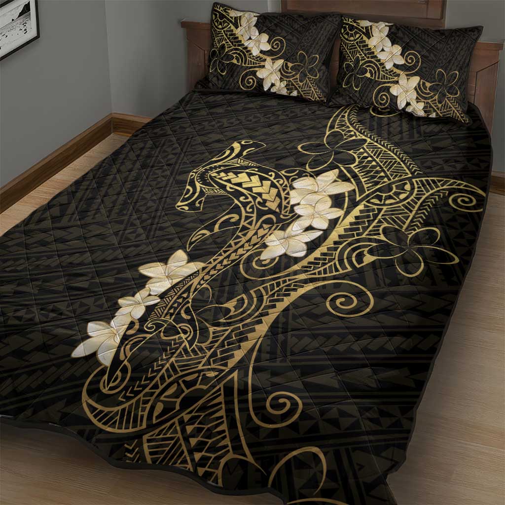 Black and Gold Hawaii Quilt Bed Set Hammerhead Shark Tattoo Curve Polynesian - Polynesian Pride