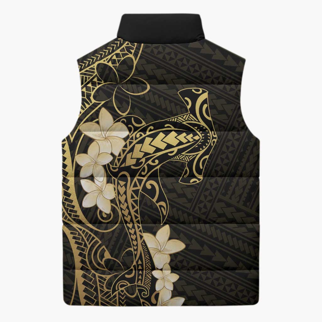 Black and Gold Hawaii Sleeveless Puffer Jacket Hammerhead Shark Tattoo Curve Polynesian - Polynesian Pride