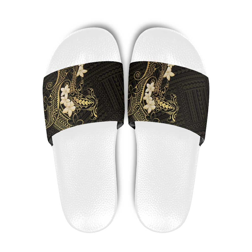 Black and Gold Hawaii Slide Sandals Hammerhead Shark Tattoo Curve Polynesian - Polynesian Pride