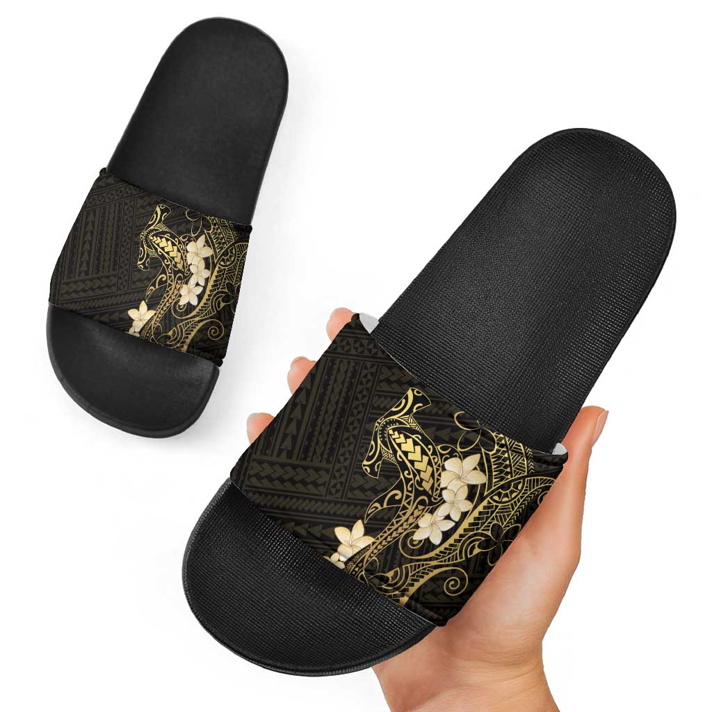 Black and Gold Hawaii Slide Sandals Hammerhead Shark Tattoo Curve Polynesian - Polynesian Pride
