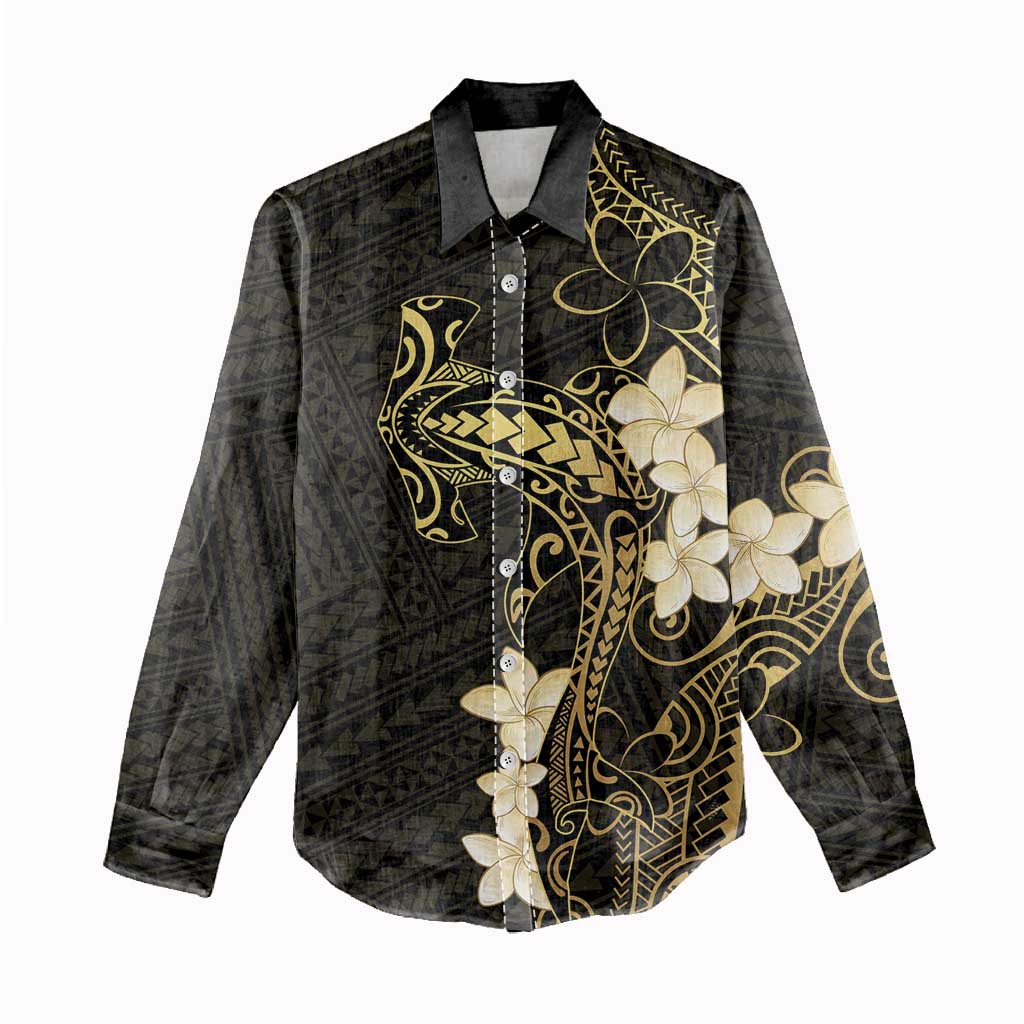 Black and Gold Hawaii Women Casual Shirt Hammerhead Shark Tattoo Curve Polynesian - Polynesian Pride