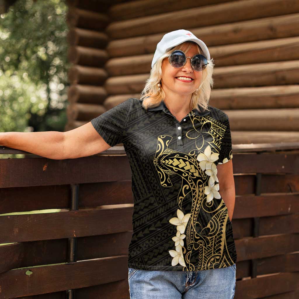 Black and Gold Hawaii Women Polo Shirt Hammerhead Shark Tattoo Curve Polynesian - Polynesian Pride