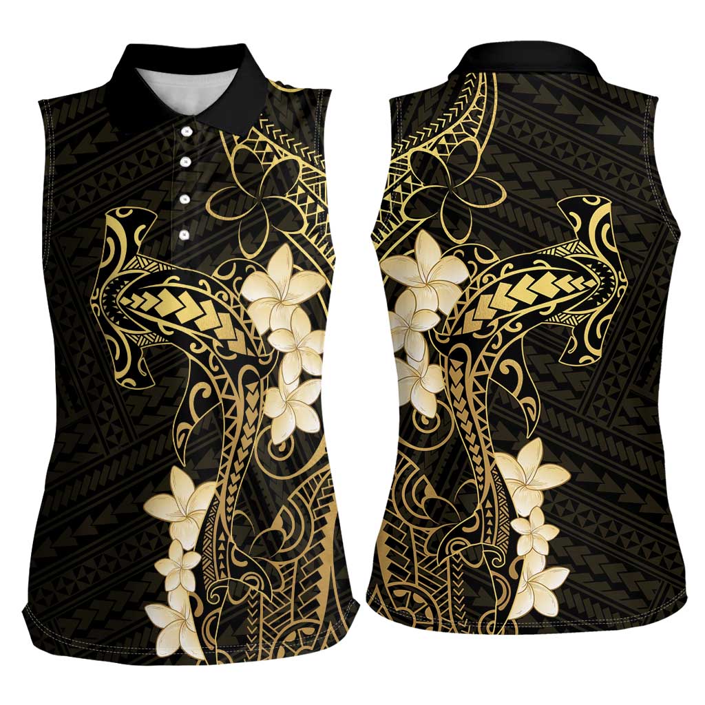 Black and Gold Hawaii Women Sleeveless Polo Shirt Hammerhead Shark Tattoo Curve Polynesian - Polynesian Pride