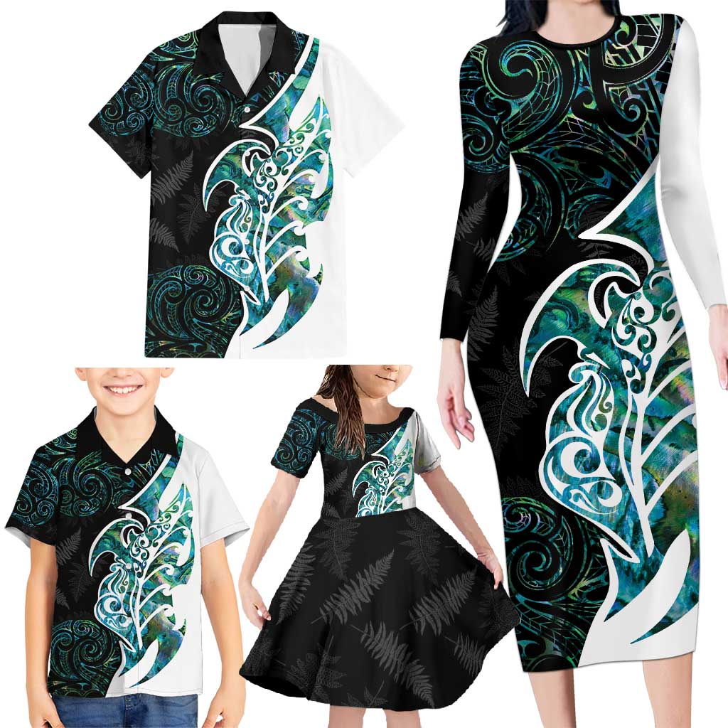 Proud Aotearoa Family Matching Long Sleeve Bodycon Dress and Hawaiian Shirt Maori Silver Fern Mix Paua Shell Pattern LT14 - Polynesian Pride