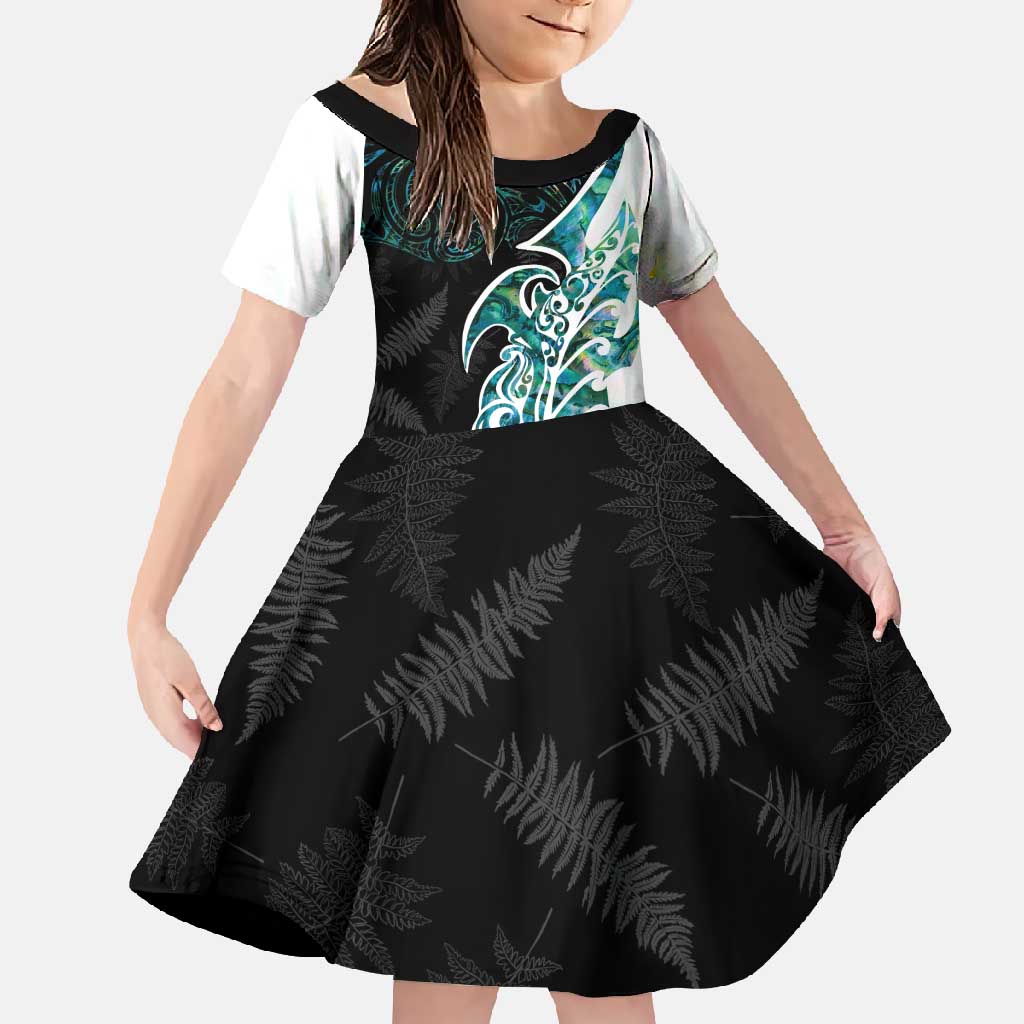 Proud Aotearoa Family Matching Off Shoulder Maxi Dress and Hawaiian Shirt Maori Silver Fern Mix Paua Shell Pattern LT14 Daughter's Dress Black - Polynesian Pride