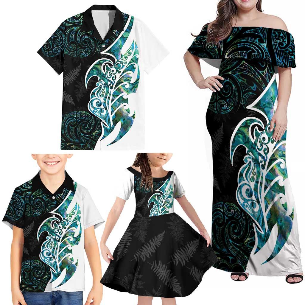 Proud Aotearoa Family Matching Off Shoulder Maxi Dress and Hawaiian Shirt Maori Silver Fern Mix Paua Shell Pattern LT14 - Polynesian Pride