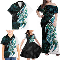 Proud Aotearoa Family Matching Off Shoulder Maxi Dress and Hawaiian Shirt Maori Silver Fern Mix Paua Shell Pattern LT14 - Polynesian Pride
