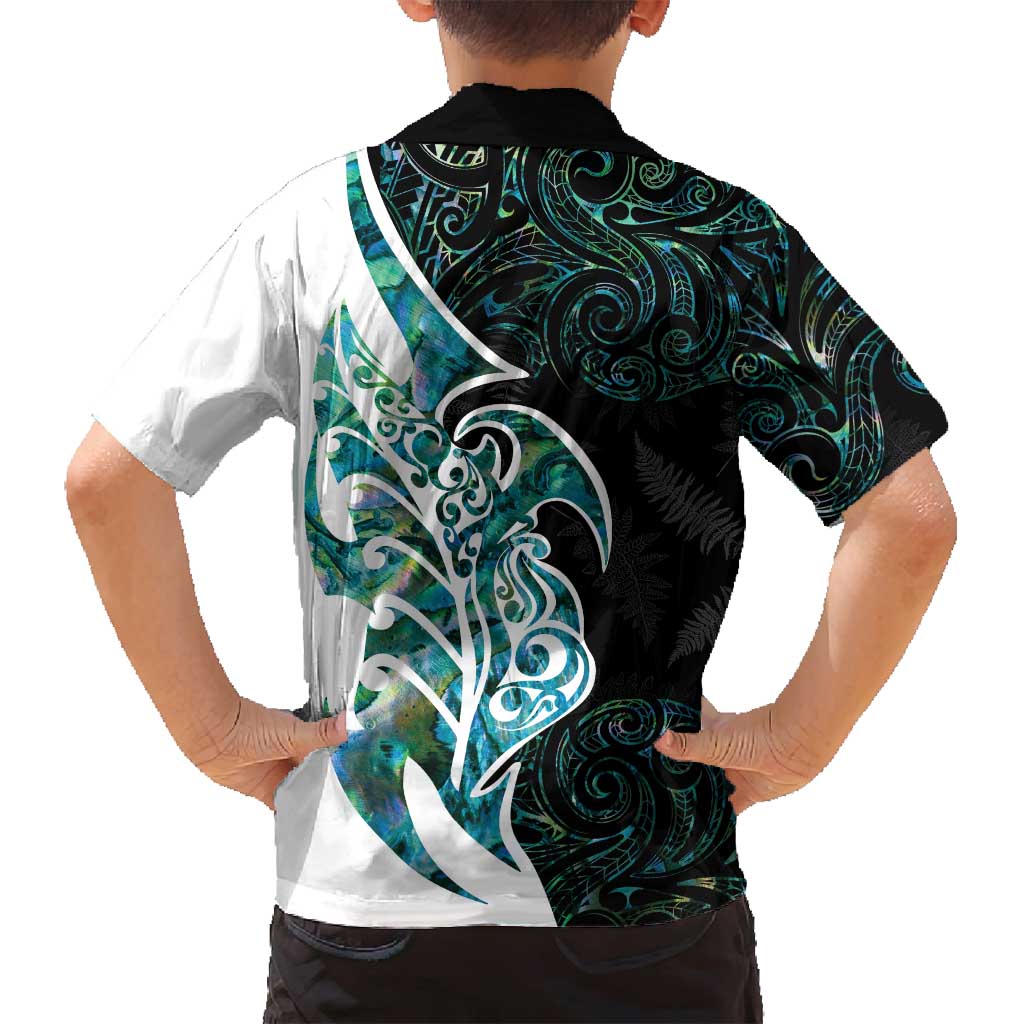 Proud Aotearoa Family Matching Off Shoulder Short Dress and Hawaiian Shirt Maori Silver Fern Mix Paua Shell Pattern LT14 - Polynesian Pride