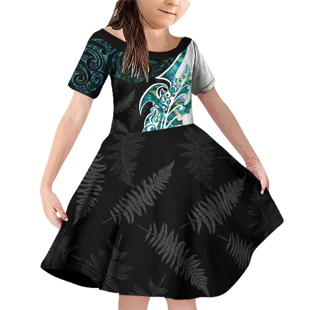 Proud Aotearoa Family Matching Off Shoulder Short Dress and Hawaiian Shirt Maori Silver Fern Mix Paua Shell Pattern LT14 Daughter's Dress Black - Polynesian Pride