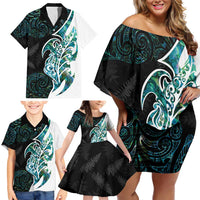 Proud Aotearoa Family Matching Off Shoulder Short Dress and Hawaiian Shirt Maori Silver Fern Mix Paua Shell Pattern LT14 - Polynesian Pride