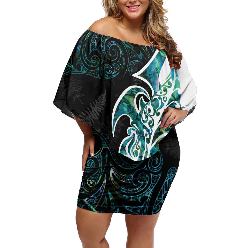 Proud Aotearoa Family Matching Off Shoulder Short Dress and Hawaiian Shirt Maori Silver Fern Mix Paua Shell Pattern LT14 Mom's Dress Black - Polynesian Pride