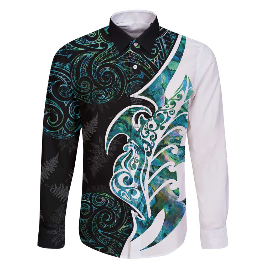 Proud Aotearoa Family Matching Puletasi and Hawaiian Shirt Maori Silver Fern Mix Paua Shell Pattern LT14 Dad's Shirt - Long Sleeve Black - Polynesian Pride