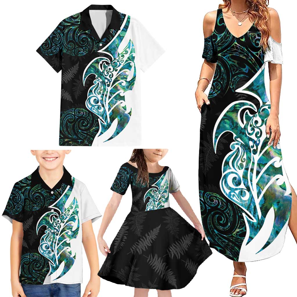 Proud Aotearoa Family Matching Summer Maxi Dress and Hawaiian Shirt Maori Silver Fern Mix Paua Shell Pattern LT14 - Polynesian Pride