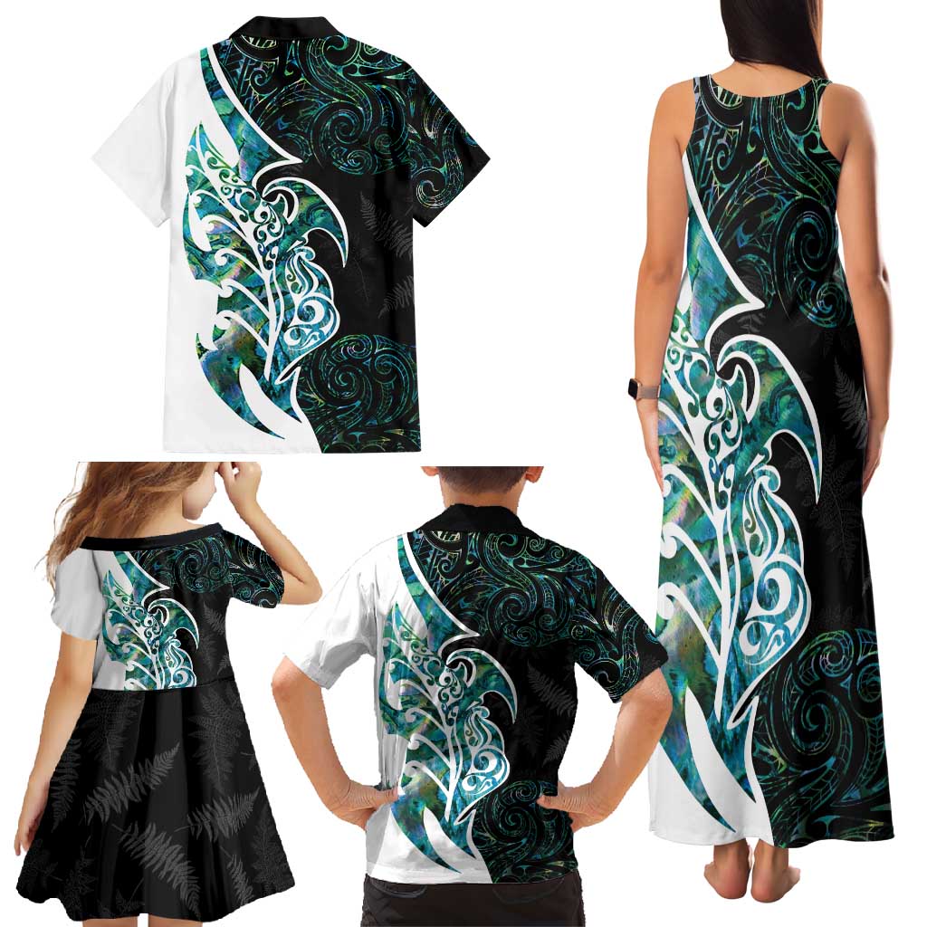 Proud Aotearoa Family Matching Tank Maxi Dress and Hawaiian Shirt Maori Silver Fern Mix Paua Shell Pattern LT14 - Polynesian Pride