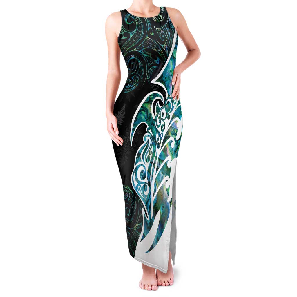 Proud Aotearoa Family Matching Tank Maxi Dress and Hawaiian Shirt Maori Silver Fern Mix Paua Shell Pattern LT14 Mom's Dress Black - Polynesian Pride