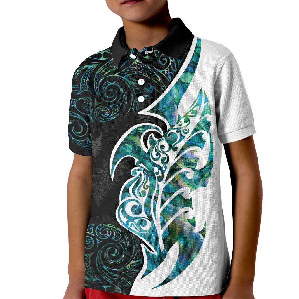 Proud Aotearoa Kid Polo Shirt Maori Silver Fern Mix Paua Shell Pattern LT14 Kid Black - Polynesian Pride