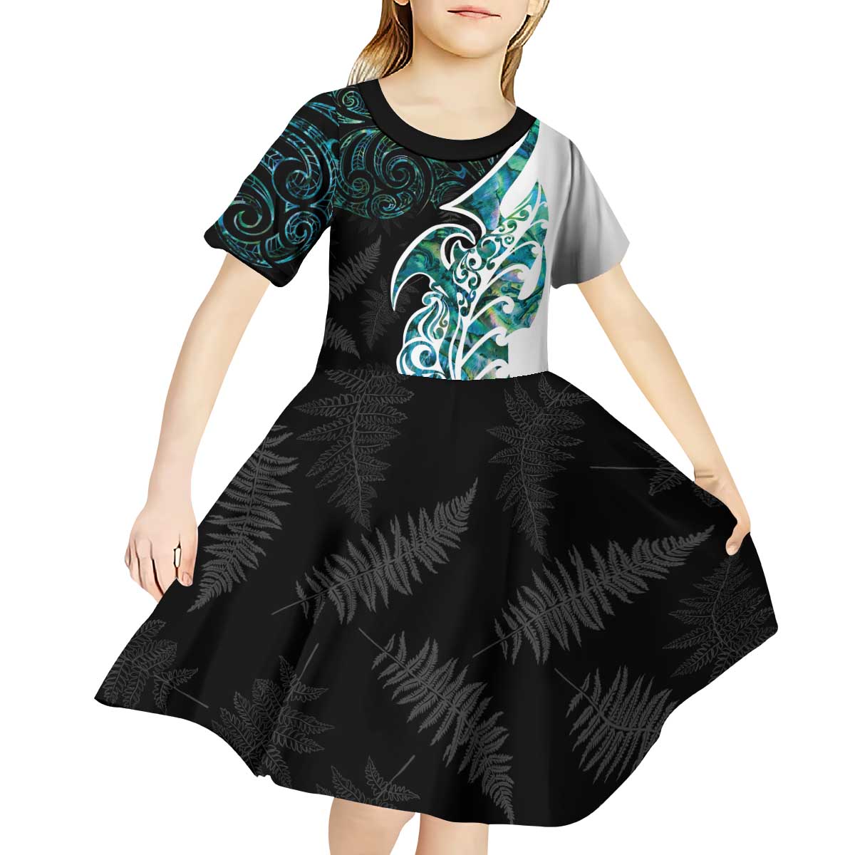 Proud Aotearoa Kid Short Sleeve Dress Maori Silver Fern Mix Paua Shell Pattern LT14 - Polynesian Pride